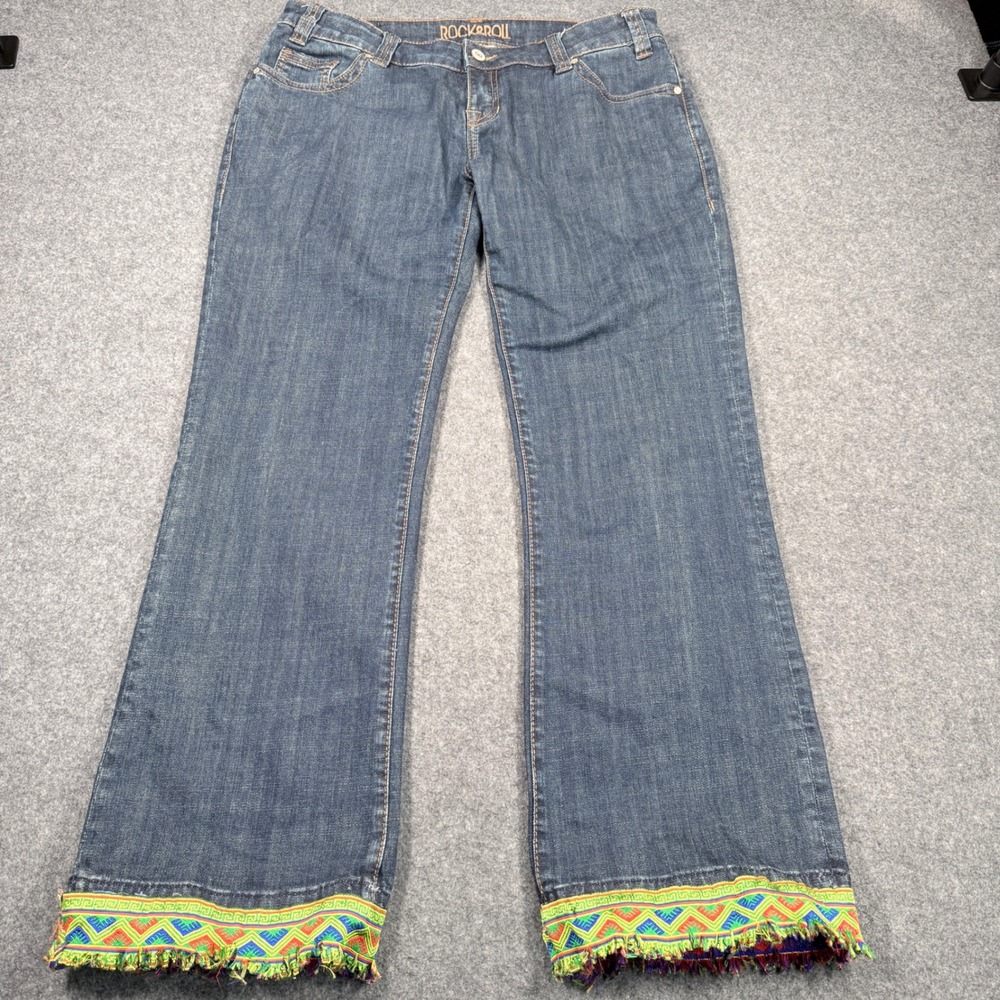 Rock & Roll Cowgirl Riding Jeans 32x30 Dark Wash Embroidered Fringe Hem Boho